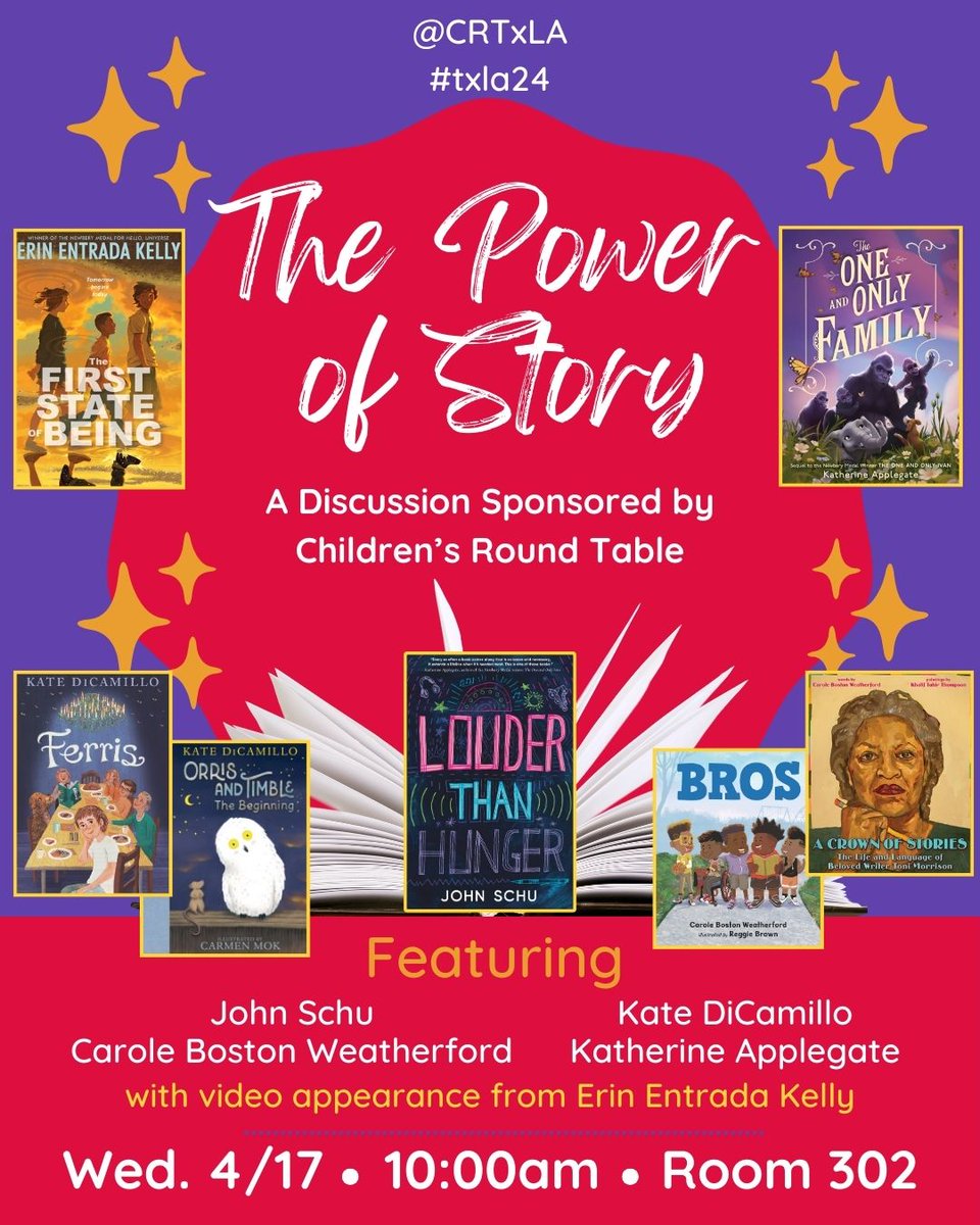 You won't want to miss 'The Power of Story: A Discussion presented by Children's Round Table'! Join us for an incredible event with guests @MrSchuReads, @poetweatherford, @KateDiCamillo, and @kaaauthor! The FIRST 100 IN LINE RECEIVE A TICKET FOR FREE BOOKS! 📚✨ #txla24