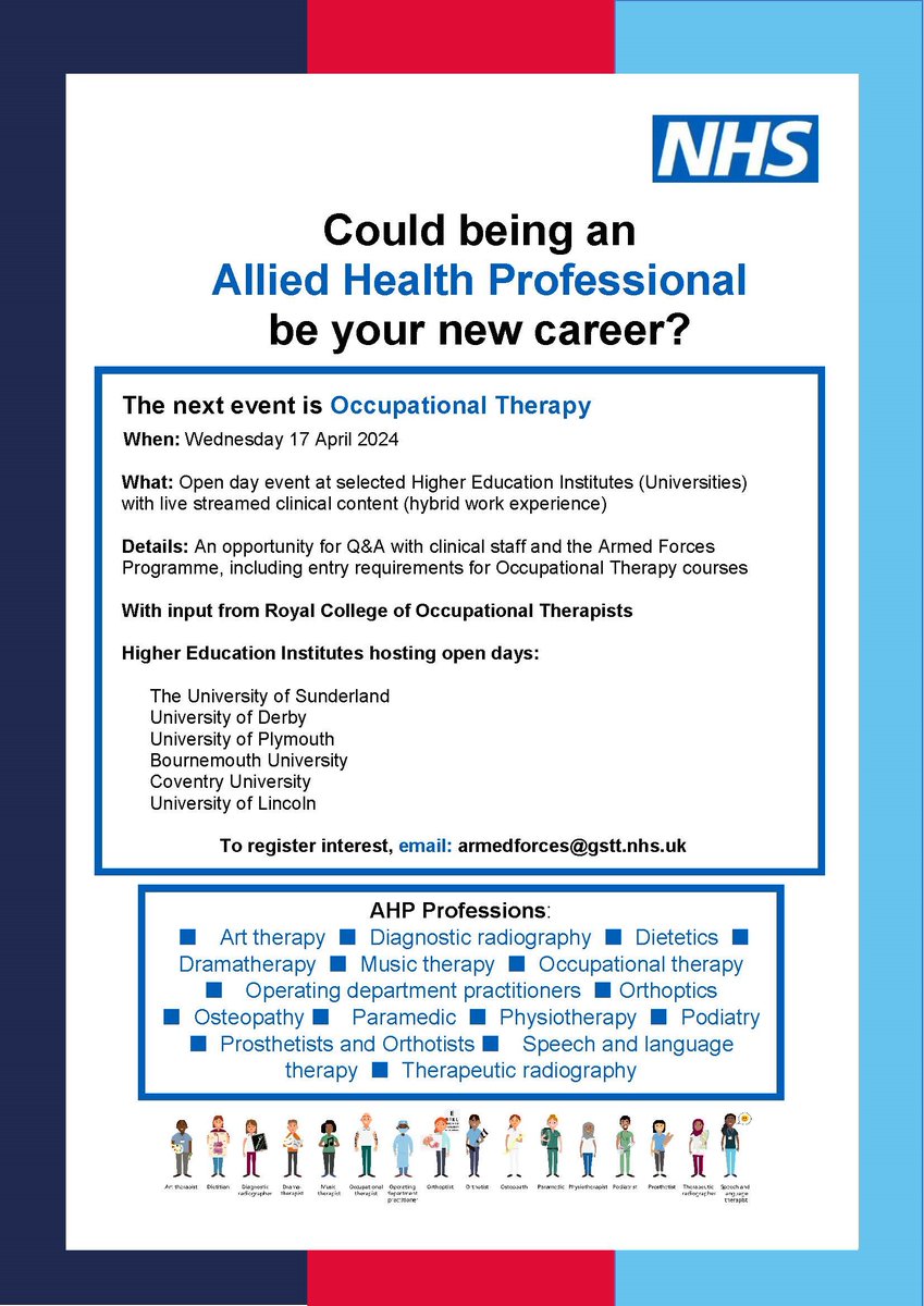 Could being an Allied Health Professional be your next career? 🏥 Come along to our Occupational Health Open Day on 17th April for a chance to speak with clinical staff and the Armed Forces Programme. To register email: armedforces@gstt.nhs.uk