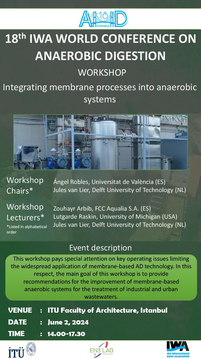 The 18th IWA World Conference on Anaerobic Digestion will showcase three cutting-edge workshops led by experts in #AnaerobicDigestion technology. Find the detailed information about the workshops on the conference website.