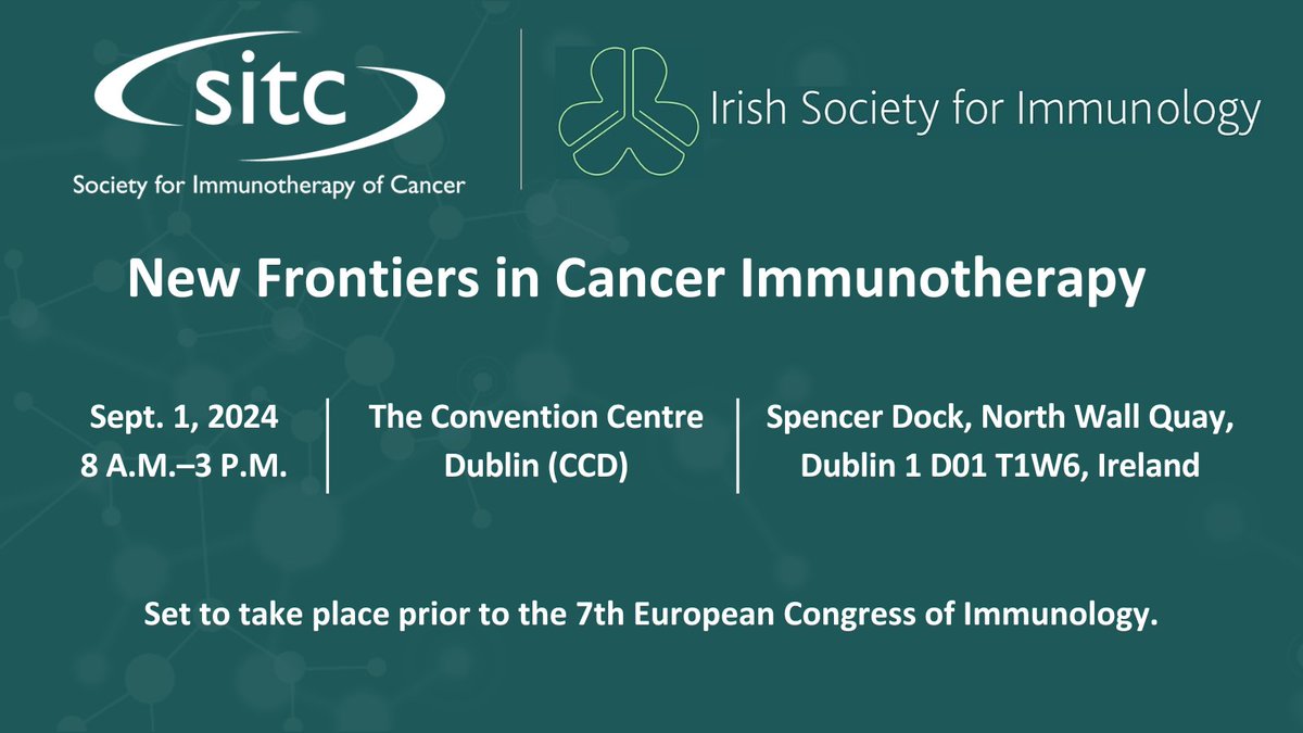 Participate in a discussion on “New Frontiers in Cancer Immunotherapy” presented by @Irishimmunology and @sitcancer. Join us Sept. 1 in Dublin, Ireland to engage with experts and explore emerging topics. Learn more: ow.ly/XSto50R5QUs @JennGuerriero @JoanneLysaght