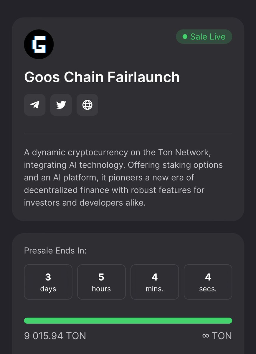 ⚡️ Lets Gooo! 🚀 Already 9,000 TON Completed.😍 ⚡️ Don't miss the Chance to Earn Big. 💵Buy Now: tonraffles.app/jetton/fairlau… 🔜 Something Big Coming... #CryptoAI #GoosChain #GCH #TonNetwork #DeFi #Ai #PresaleLive