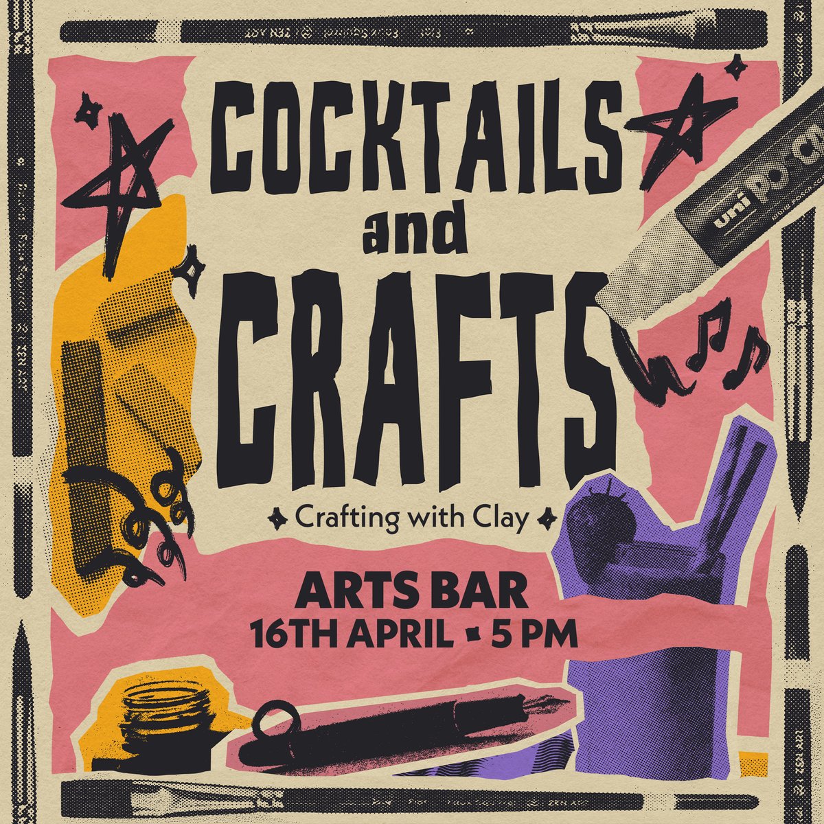 Cocktails &amp; Crafts ✨ Crafting with Clay

🍸 16th April <a href="/5PM/">5pm.co.uk</a> / Arts Bar

Bi-weekly craft sessions run by local business Leopard &amp; Freckle!

Each week will have a slightly different theme... don't forget to grab a discounted cocktail from the Arts Bar!

Tickets are on Native :)