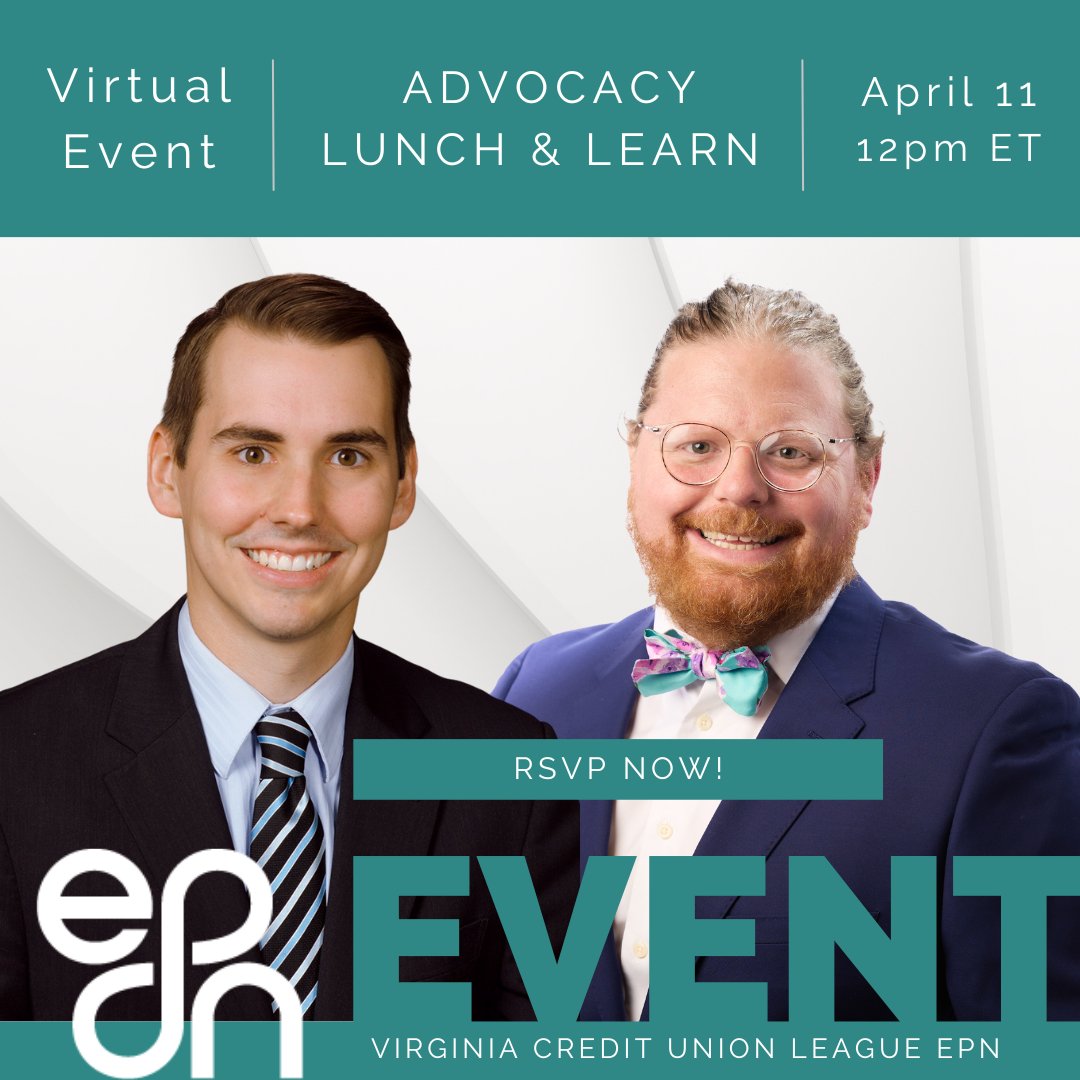 VACreditUnions's tweet photo. Don't miss out on our educational lunch and learn session focused on credit union advocacy this Thursday. Get involved and support the #CUDifference. #VACUL #EPN
https://t.co/69NKcaK5IE https://t.co/2bldsW9QrR