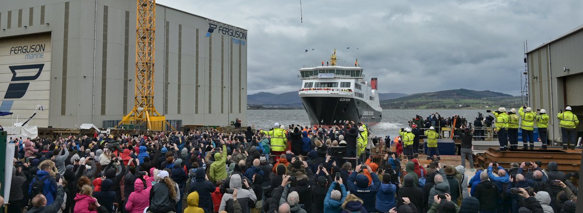 Large crowd at the launch of new @CalMacFerries MV Glen Rosa from Ferguson Marine at Port Glasgow. @discinverclyde