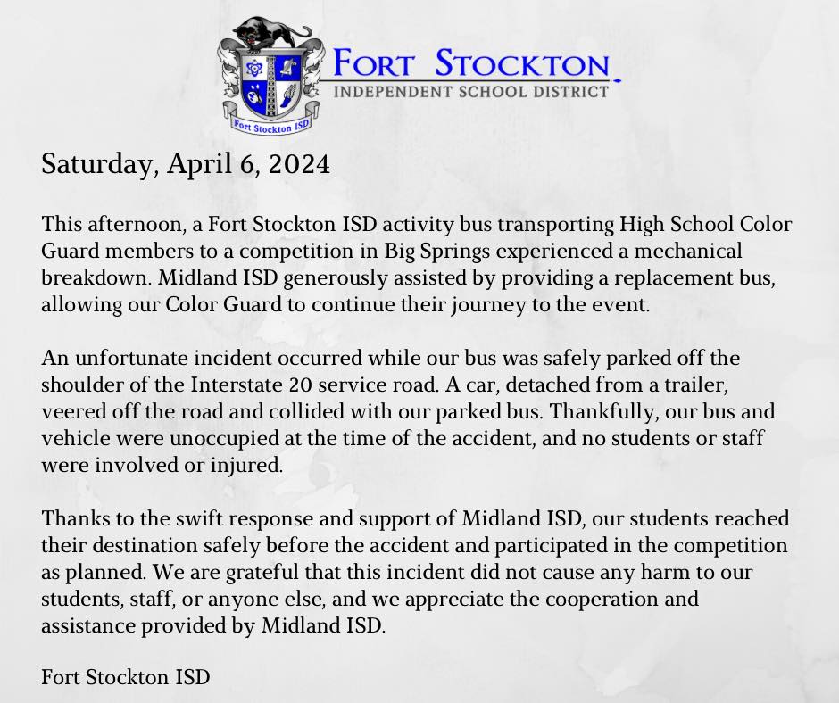 MISD's transportation department was ready to help when a Fort Stockton ISD bus broke down on the side of the highway! MISD staff Mable Blake, Larry Sullivan, and Rosa Lucio worked together to deliver a replacement bus, enabling students to get to their event safely. #MISDProud