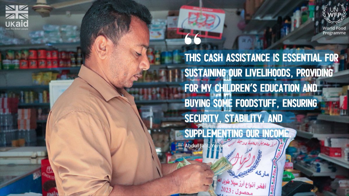 Cash assistance is vital lifeline in #Yemen, where many are food insecure. With @FCDOGovUK support, @WFP is providing cash assistance to millions like Abdulajali, enabling parents to purchase essential food supplies for their families.⬇️