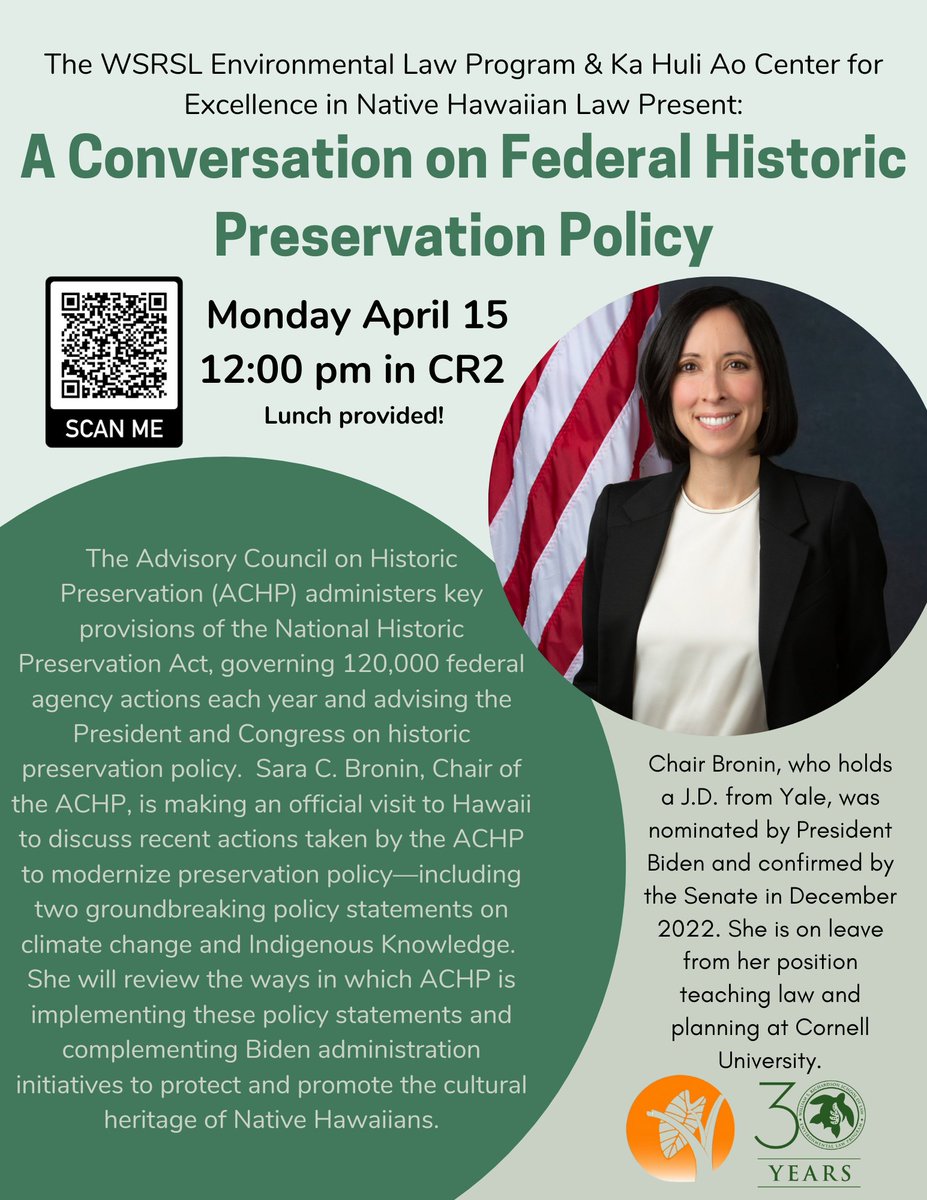 ACHP @ChairBronin will speak @UHManoa @UHMLawSchool on Monday, April 15 at 12 p.m. HST. The public is welcome to join 'A Conversation on Federal Historic Preservation Policy,” but an RSVP is required. docs.google.com/forms/d/e/1FAI…