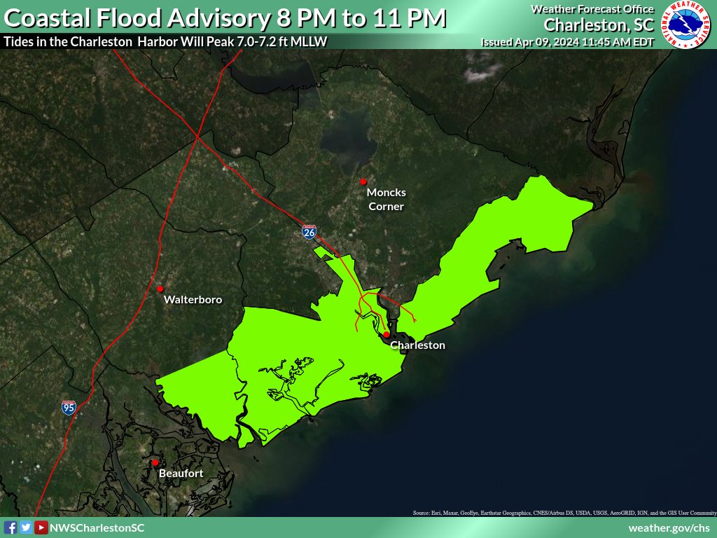 A Coastal Flood Advisory has been issued for coastal portions of Charleston and Colleton Counties from 8 PM until 11 PM. Be aware that minor saltwater flooding will be possible! Road closures in Downtown Charleston are unlikely. #chswx #scwx
