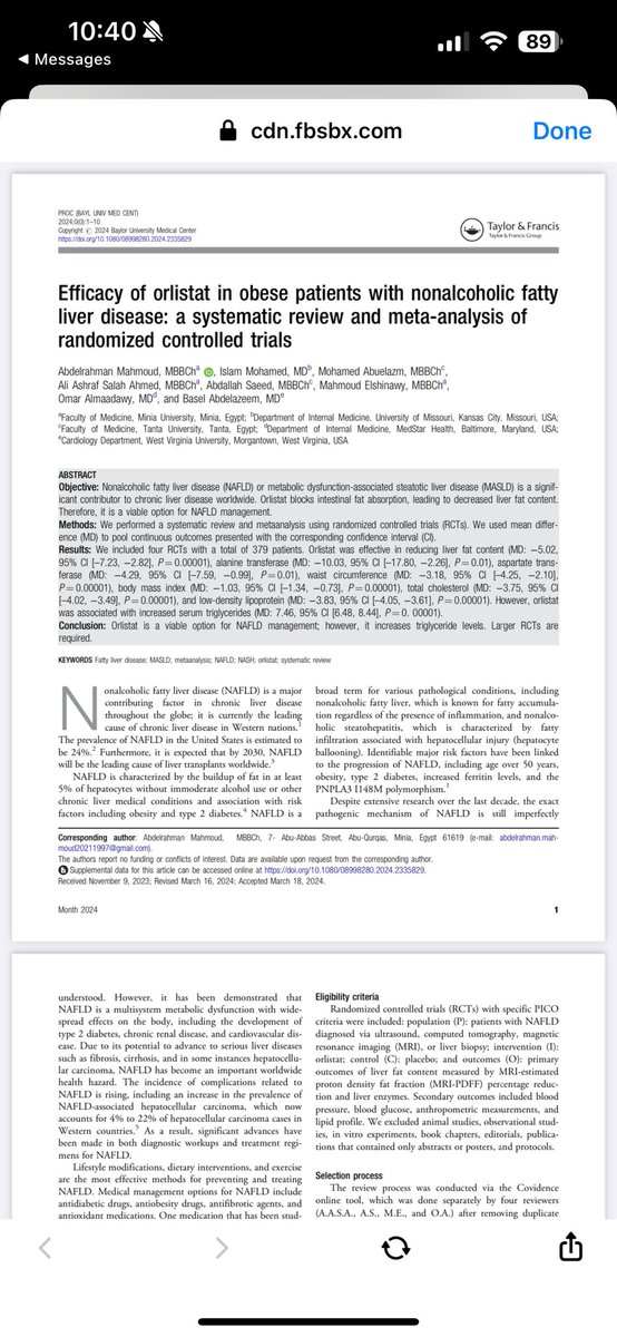 ⭐️New Publication⭐️

Efficacy of Orlistat in obese patients with NAFLD/MASLD💊

Orlistat showed improvements in: 🏆
⬇️ Liver fat content, ALT, AST.
⬇️ BMI & waist circumference.

Caution in pts w Hypertriglyceridemia :
⬆️ Triglycerides level. 

#MedTwitter #Gitwitter 💩