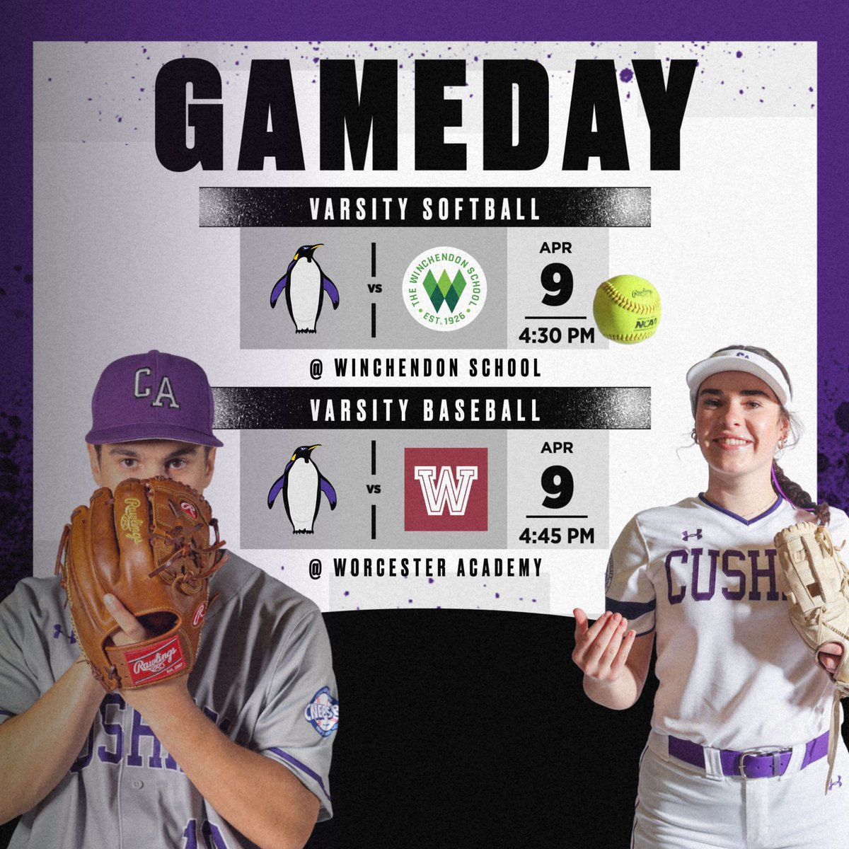 Game Day!  Away Schedule: @cushingsoftball plays @winchendon_athletics 4:30 PM. @cushingbaseball plays @worcesteracademy 4:45 PM. Let's go, Penguins! #rollpens🐧 #gameday #nepsac #compete #cushingathletes