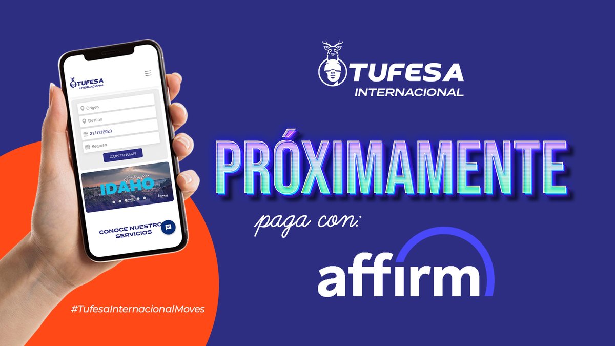 Tufesainter's tweet image. 👉 En unos días más, podrás realizar tus pagos con affirm 🔹.

In a few more days , you will be able to make your payments with #affirm 💳.

#TufesaInternacional #PaymentMethod #BusTicket #BusTrip #Autobús #BoletosdeAutobús