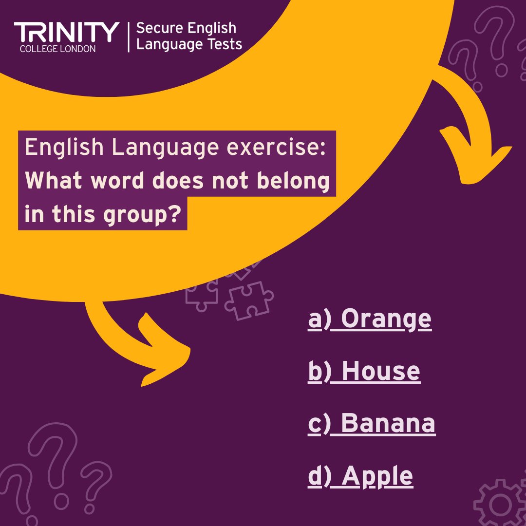 Test your English skills this Trivia Tuesday. 

🔍 Spot the odd one out of the group and leave your comment below. 🔍 

#LanguageFun #SELTSkills #WordPlay #EnglishSkills #TrinityCollegeLondon #Trivia #WordSearch #SELT #SELTExam #TriviaTuesday