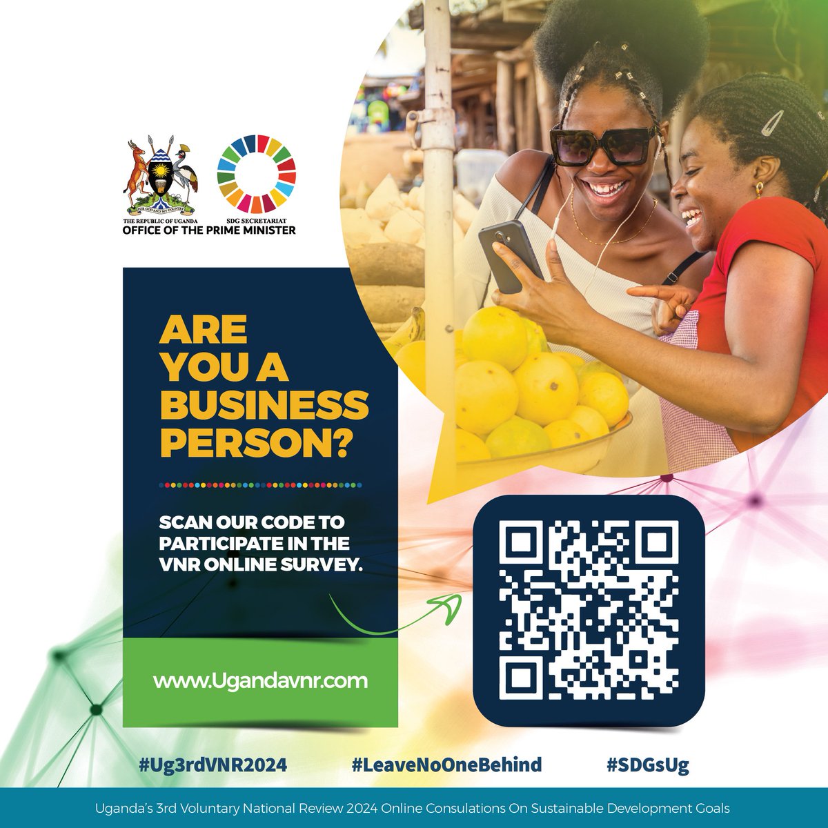 Spare a minute and contribute to SDG implementation process, let your voice be heard. 
Take part in VNR survey via   surl.li/shmzq. @GovUganda
@UNUganda @mofpedU @URAuganda @OPMUganda #LeavingNoOneBehind #Ug3rdVNR2024