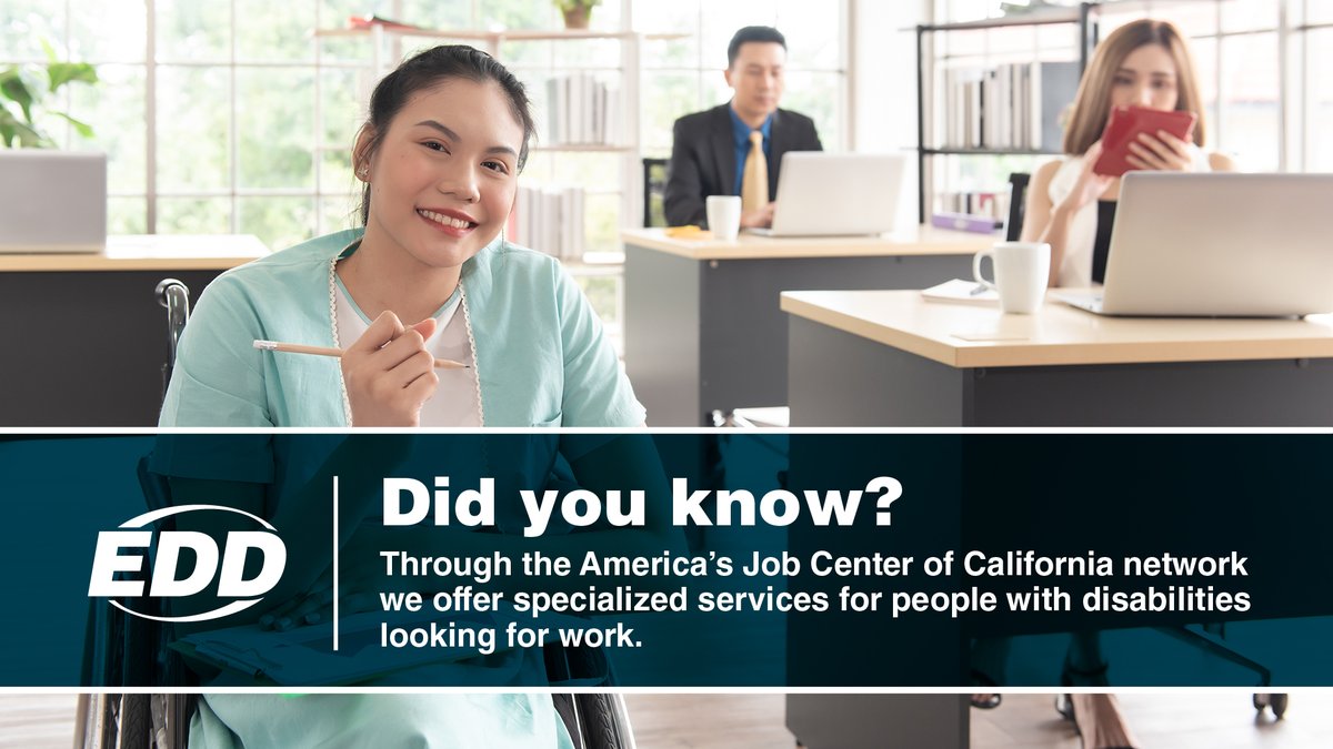 Did you know? Through the America’s Job Center of California network, we offer employment services for people with disabilities looking for work. 💼 Visit CareerOneStop’s American Job Center Finder at Bit.ly/Job-Center-Fin… for a location near you. #JobSeekers #Diversity
