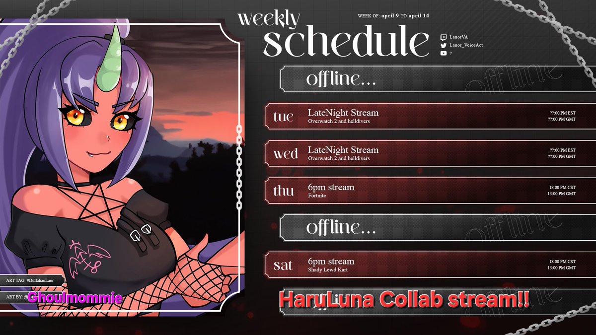 💜🟪~SCHEDUELE! Scheduele for this week!! Be sure to tune in to my twitch! NSFW game streams are in discord ONLY!! twitch.tv/LanorVA?sr=a