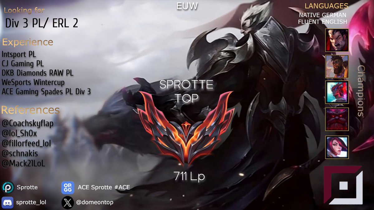 I am still playing the Playoffs with <a href="/acegamingde/">AceGaming - FrankenFinals Champion 🏆</a> but they allowed me to explore new options for Summer 2024!
Contact via DM or Discord
VODs upon Request
My references: <a href="/CoachSkyflap/">BDS Skyflap</a> <a href="/lol_Sh0x/">Sh0x | Tim</a> <a href="/fillorfeed_lol/">fill or feed</a> <a href="/Schnakis/">Schnakis</a> <a href="/Mack21LoL/">Mack @ Nürnberg</a> 
❤️&amp;🔃 are appreciated