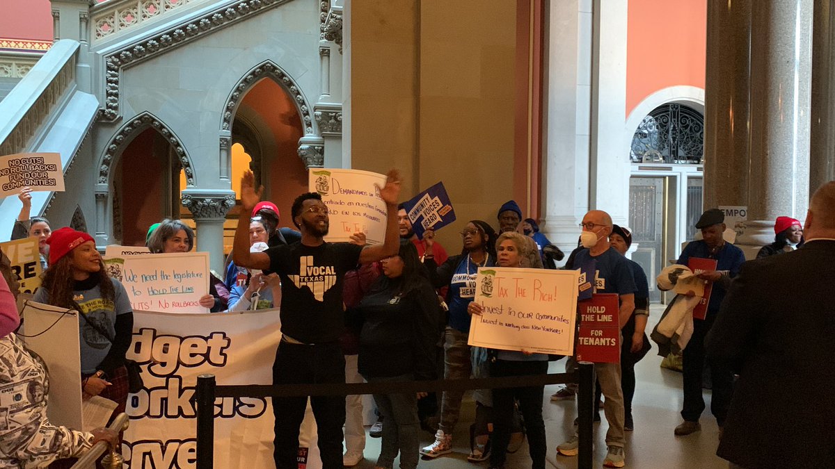 “Homelessness is so damn high, Hochul’s polling is so damn low!” Protestors chant outside the Assembly chamber calling for Good Cause eviction and the Housing Access Voucher Program