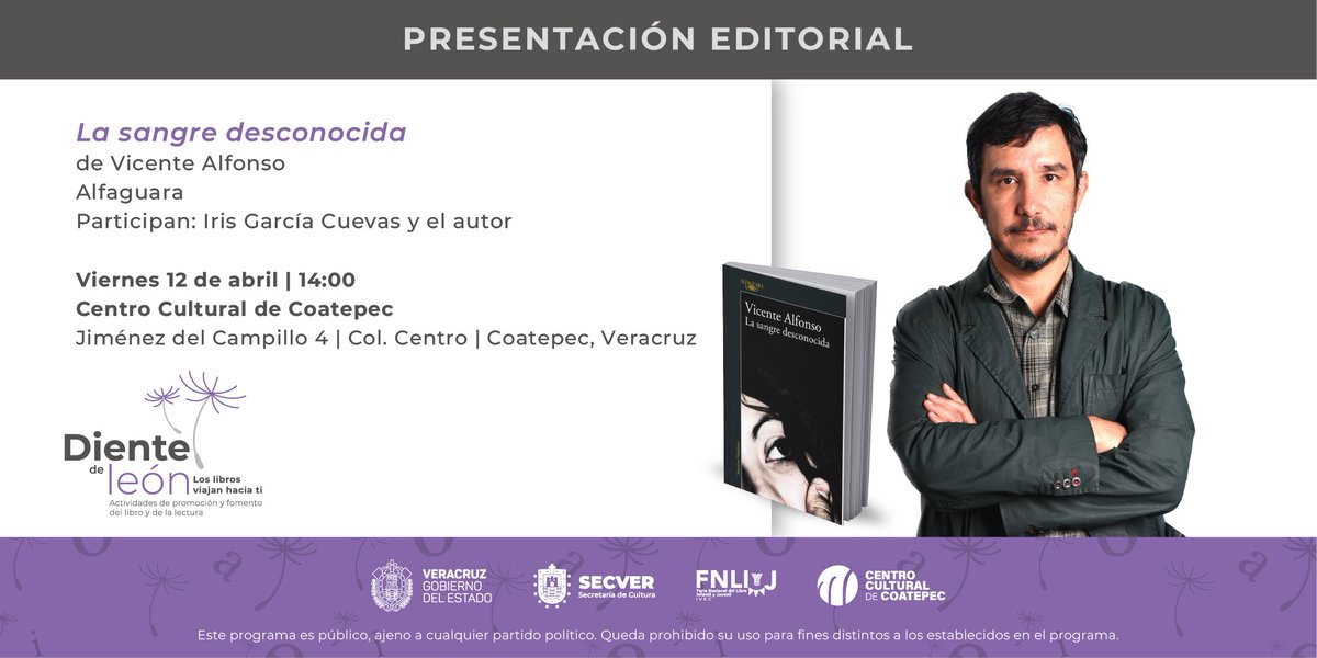 “La sangre desconocida” es una novela donde pocas cosas son lo que parecen, cuya lectura incita a replantear nuestras ideas en torno a la identidad y la legalidad. Conoce este título del escritor @vicente_alfonso en el festival #DienteDeLeón. Los libros viajan hacia ti.