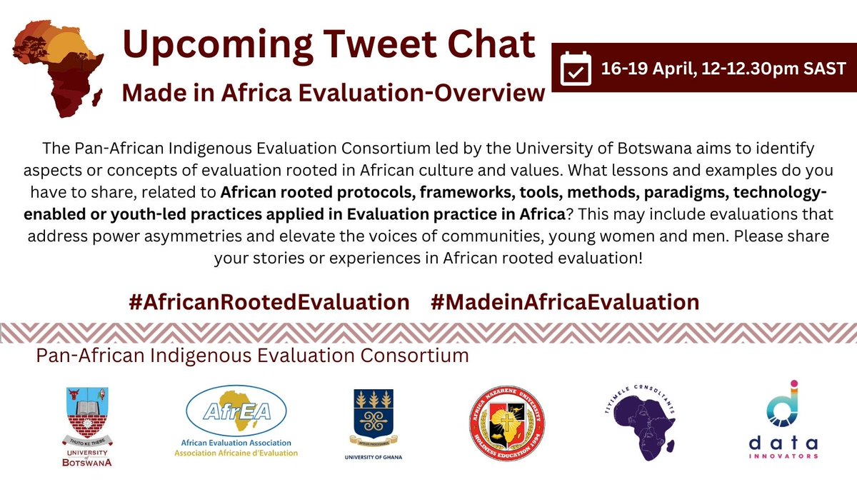 Inviting evaluators, social researchers, programme developers, students & youth to participate in the #AfricanRootedEvaluation chat. #MadeInAfricaEvaluation #IKS #spirituality #decolonisation #IndigenousStories Note: The thread transcript will be recorded for research purposes