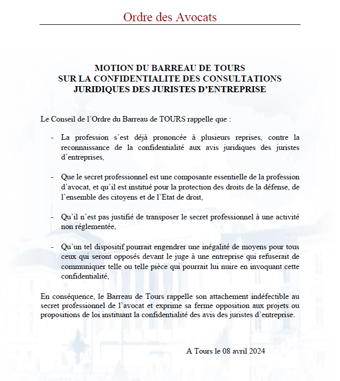 Le Barreau de Tours s'oppose aux textes instituant la confidentialité des avis des juristes d'entreprise. #secretpro
<a href="/CNBarreaux/">Conseil national des barreaux - les avocats</a> <a href="/Conf_Batonniers/">ConférenceBâtonniers</a>
<a href="/LabaronneDaniel/">Daniel Labaronne</a> <a href="/cfourniereelv/">Charles Fournier - Député de Tours 37-01</a> <a href="/Henri_Alfandari/">Henri Alfandari</a> <a href="/fabiennecolboc/">Fabienne COLBOC</a> <a href="/SabineThillaye/">Sabine Thillaye</a> 
<a href="/vincent_louault/">Vincent Louault</a> <a href="/paroiron37/">Pierre-Alain ROIRON</a>
