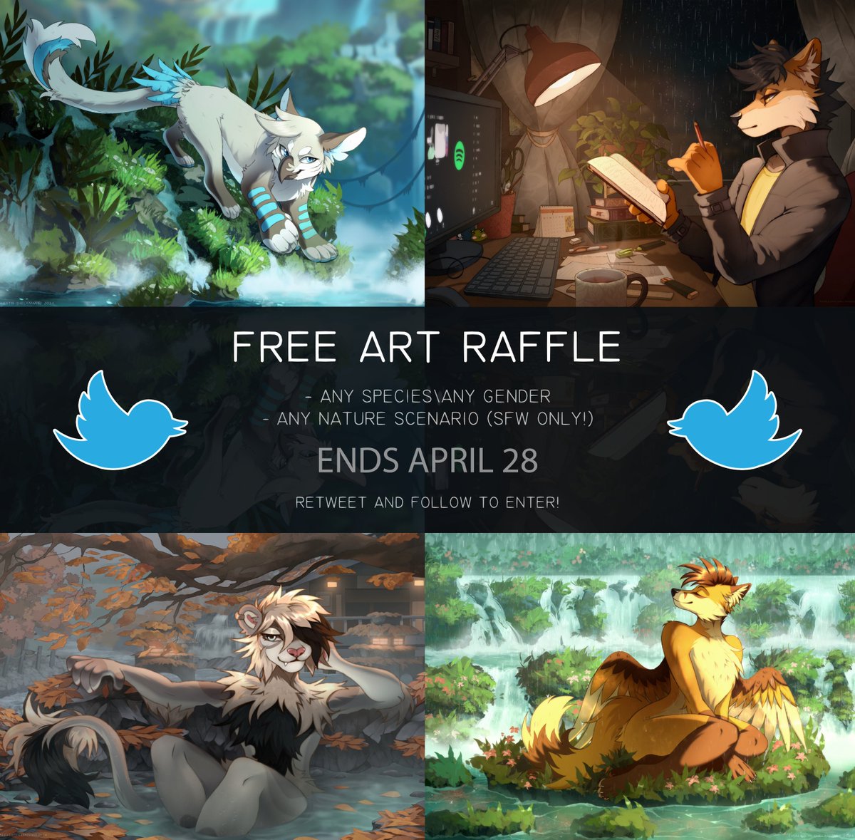 ✨ FREE ART RAFFLE! ✨
 
I haven't held raffles for a year, I think it's time for one!

You will win a fullbody sketch illustration (nature themed &amp; sfw only)!    

To enter:   
- follow me;  
- retweet this post!    

Winner will be chosen on April 28!