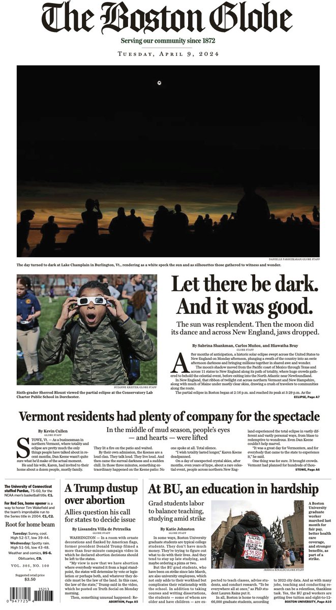 The @BostonGlobe front page today. Eclipse photos by @DanielleParhiz (top) and @SuzanneKreiter Design by @AllyRzesa / picture editing by @LloydrYoung