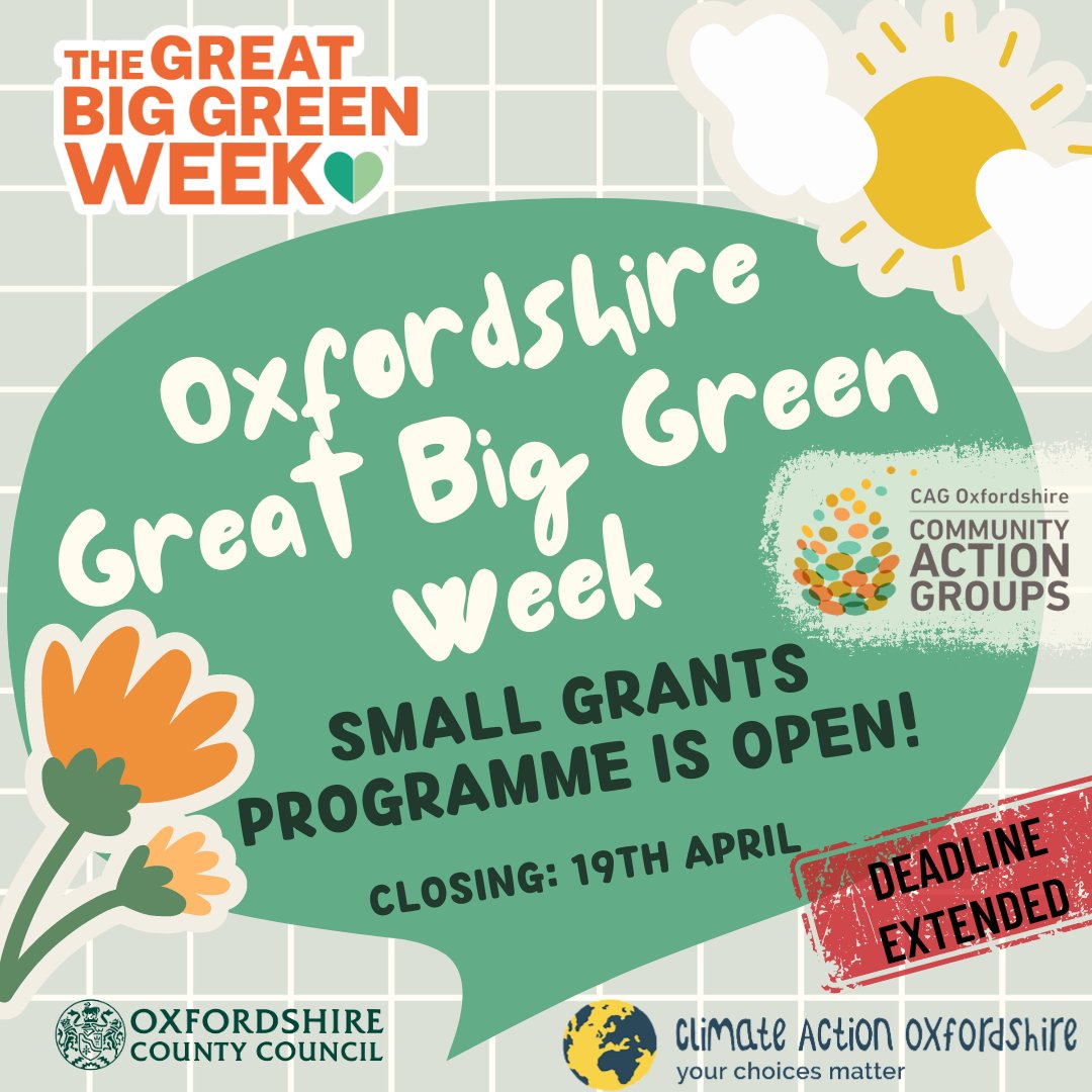 Great Big Green Week Small Grants Fund - Deadline extended to 19th April. If you have an idea that will engage communities locally on climate issues, then head over to our website for more details and complete a very simple application form. cagoxfordshire.org.uk/post/great-big…