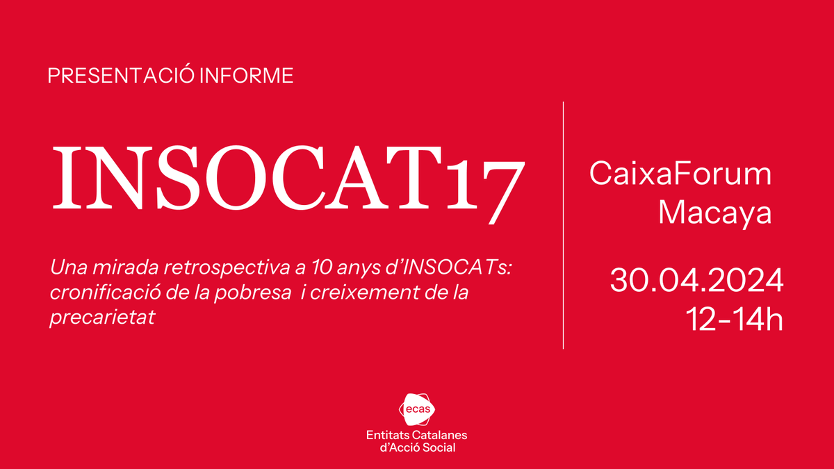 ❗ Reserva't la data! 📆 El 30/04 a les 12h, @ecasacciosocial presenta el nou informe #INSOCAT 17, que analitza els últims 10 anys de cronificació de la pobresa. 🗣️ Amb el politòleg @kanciller, especialitzat en participació política. 🔗Inscriu-t'hi ➡️ bit.ly/3Jggobz