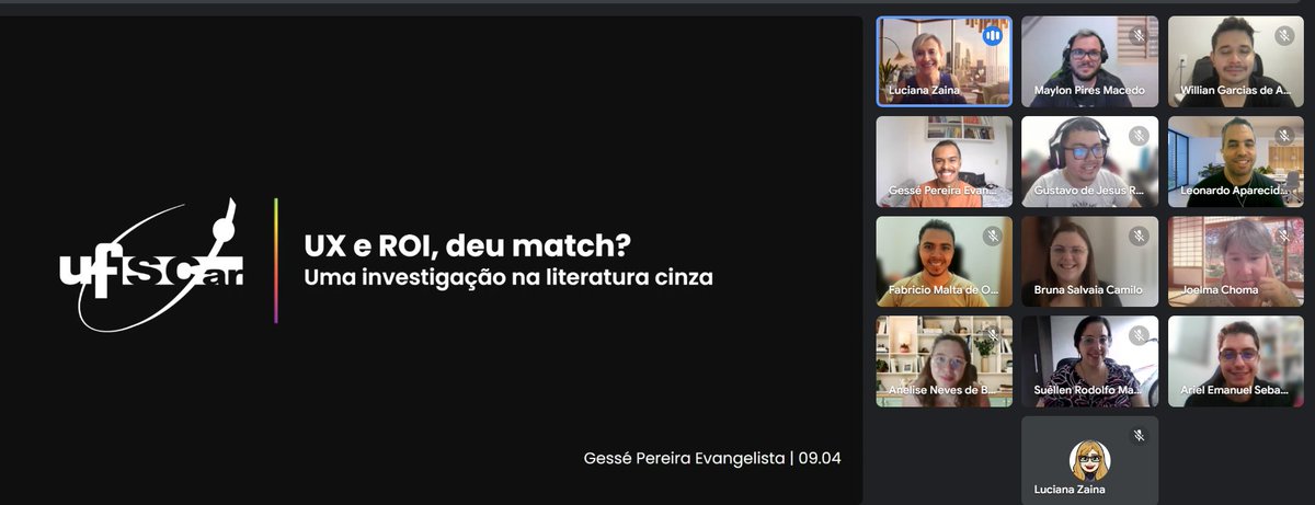 Vamos conversar sobre UX Design e ROI?
Reunião do UXLeris hoje sobre esse "matching" que é tema do doutorado do Gessé Pereira!

Parabéns ao Gessé pelo trabalho e ao grupo UXLeris pela super discussão!

#uxdesign #ux #roi #uxleris #ufscar