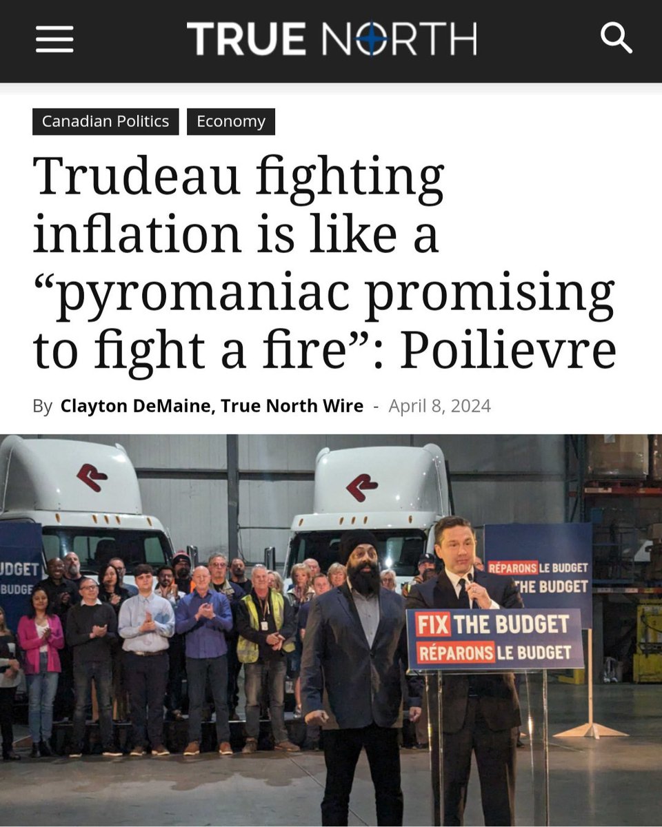 Trudeau fighting inflation is like a “pyromaniac promising to fight a fire”: Poilievre. tnc.news/2024/04/08/poi…
