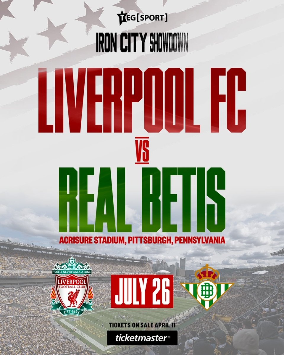Liverpool F.C. to play July 26 at @AcrisureStadium Opponent is Real Betis. Presales start 10 a.m. Wednesday. General tickets 9 a.m. Thursday. (Currently behind only Arsenal in the Premier League Table) :-)