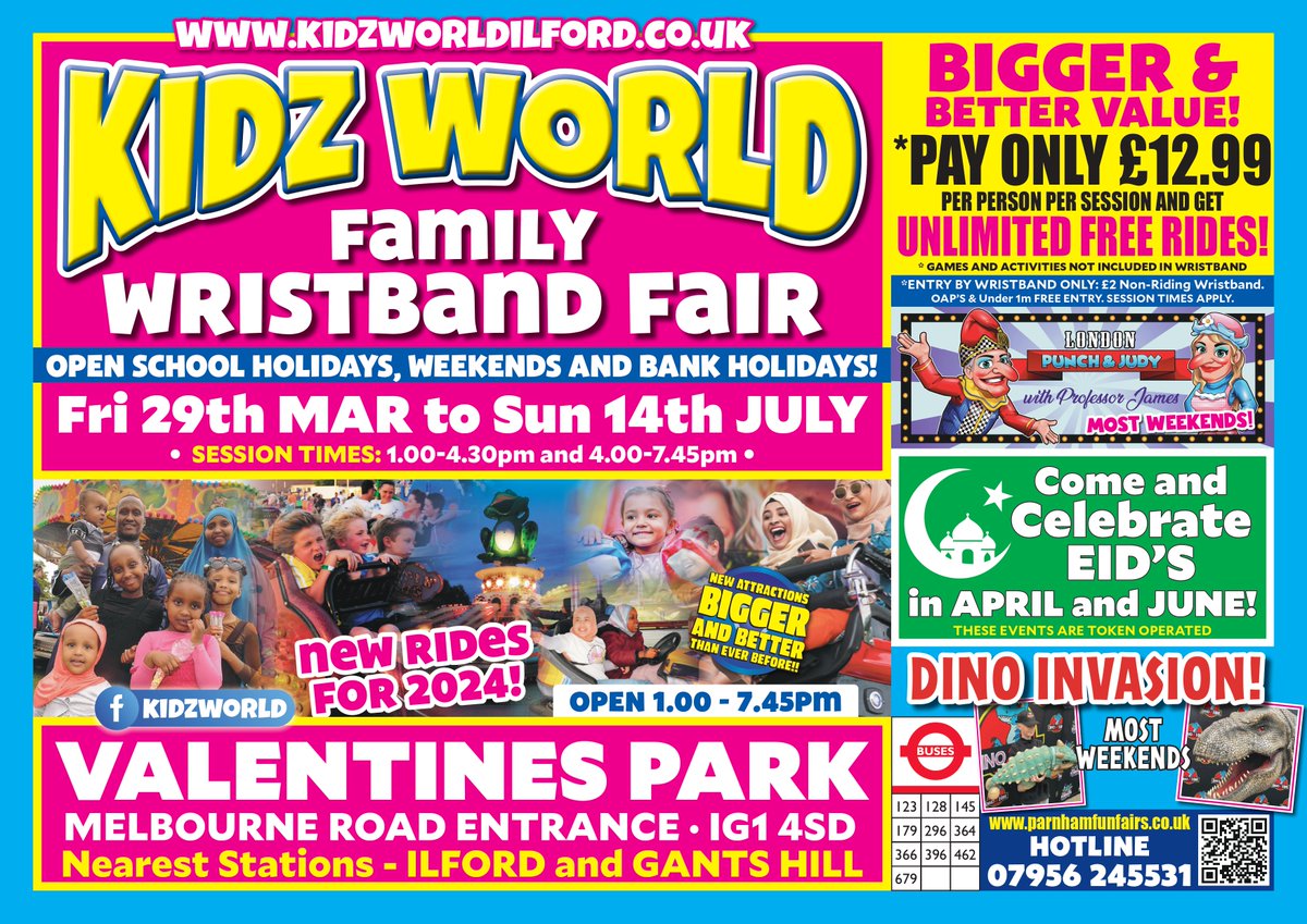 🎡 Unlimited rides for £12.99! Join us at the Wristband Fair in Valentines Park, IG1 4SD. Open till Sun 14th Jul. Don't miss out on Eid celebrations and the Dino Invasion! 🎈🦖 #WristbandFair #FamilyFun #Eid #DinoInvasion
