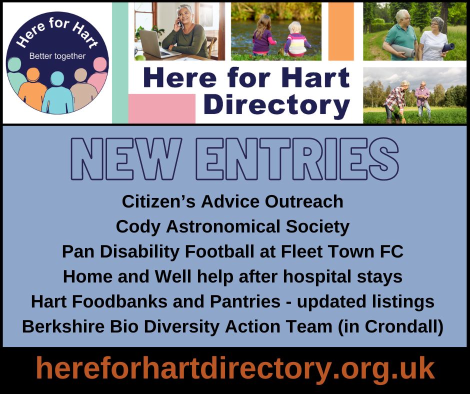 What’s new? Support for those returning from hospital, Citizen’s Advice Outreach, conservation volunteering, pan-disability football, Cody Astronomical Society and more! See what you can find today at hereforhartdirectory.org.uk