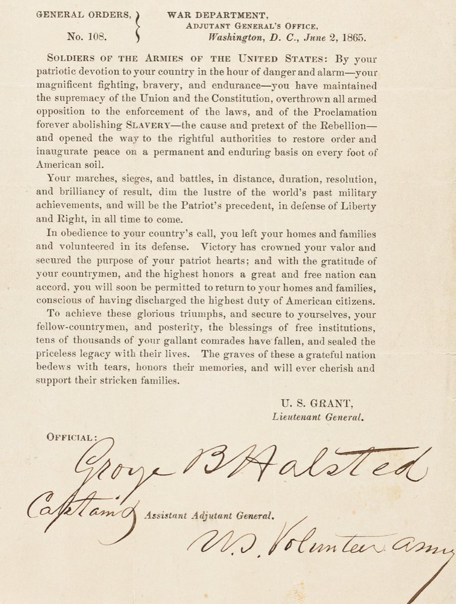 Today is “Victory in Virginia” day. US Grant forced Lee and his rebellious army to surrender. 2m US soldiers (including nearly 200k African Americans) destroyed slavery, freed 4m from bondage, preserved democracy, and saved the USA. Here’s Grant’s proclamation. #Appomattox