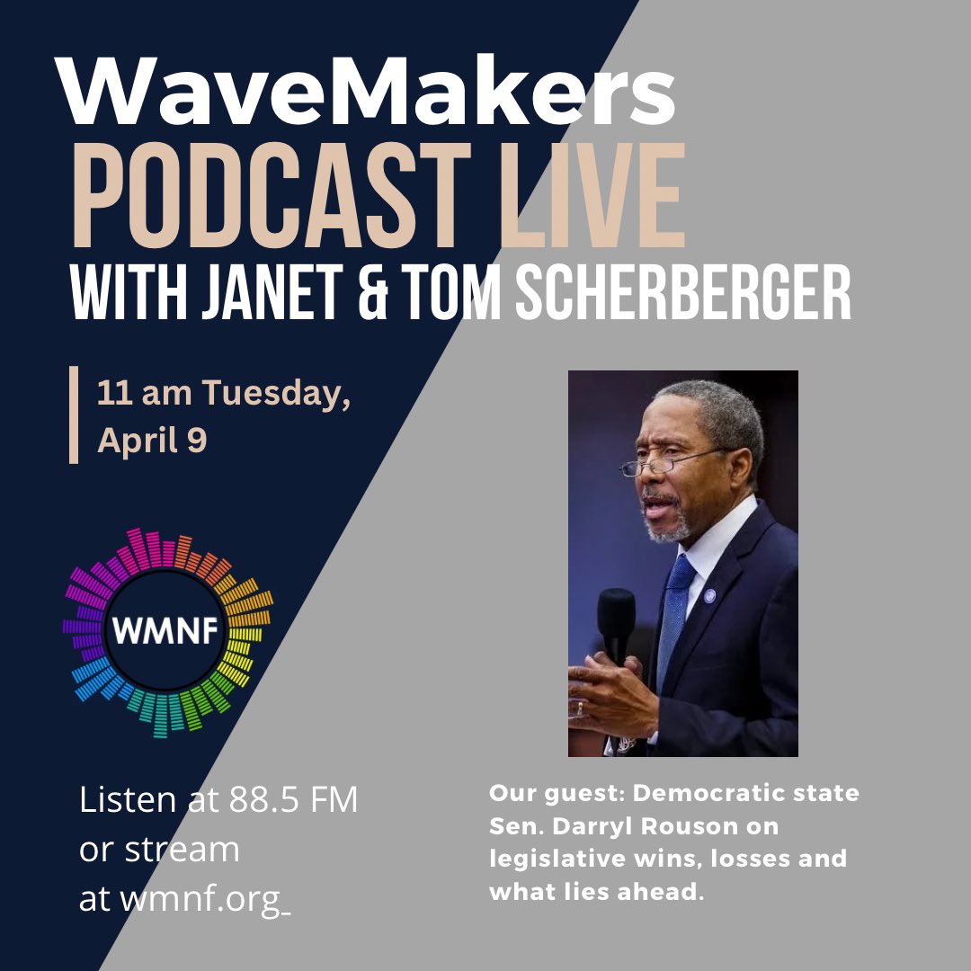 At 11 am on @wmnf WaveMakers @jmscherberger & I talk with Fl Sen. @darrylrouson, the longest-serving Democrat in the Republican-controlled Legislature, about this year’s legislative session, what lies ahead and how he navigates the GOP super majority.