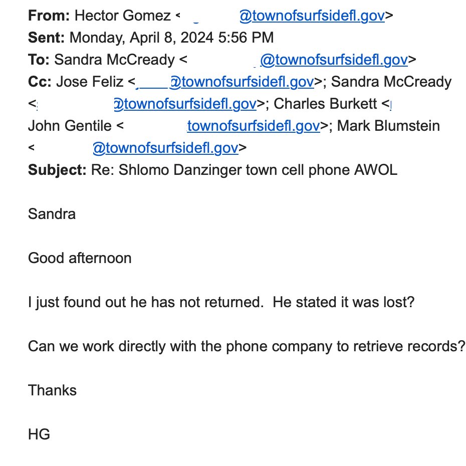 #BREAKING: Surfside Town Manager Hector Gomez says corrupt ex-mayor @ShlomoDanzinger failed to return town issued cell phone after losing election, claims it's 'lost' in apparent attempt to violate public records laws, steal public property and cover up evidence of alleged crimes