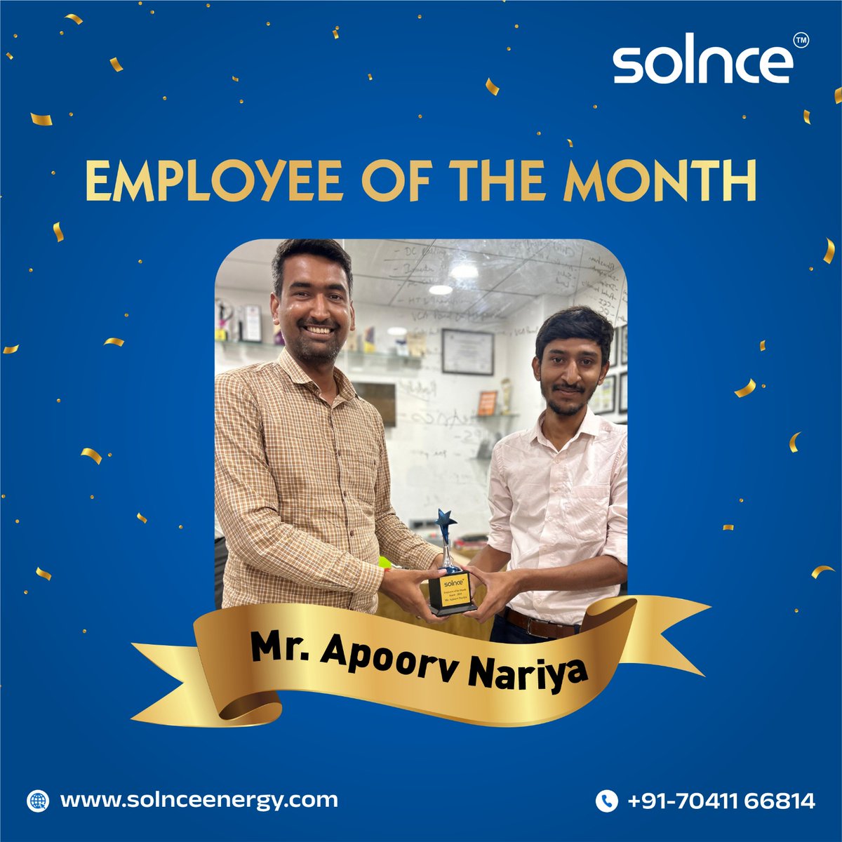 It's the #team who makes us who we are! Heartiest congratulations to Apoorv Nariya for winning the #Employee of the Month Contest 🎉🥳. Let's keep setting the bar higher! . . . . #winner #celebration #dedication #passion #goals #solarenergy #sunpowered #achiever #Solnce