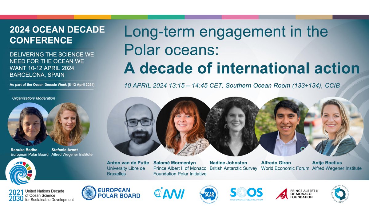 You are at the <a href="/UNOceanDecade/">UN Ocean Decade</a> Conference? 
Come and join tomorrow our satellite event on "Long-term engagement in the Polar oceans: A decade of international action" - with remarkable panelists 🌊🧊

📅 10 April 2024
⏰ 13:15 - 14:45 CET
📍 Southern Ocean Room (133+134), CCIB