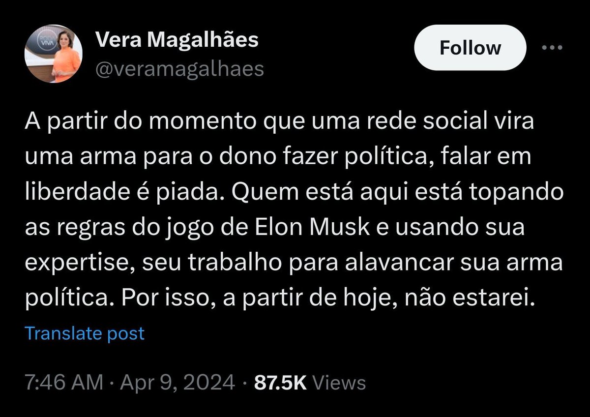 mfriasoficial's tweet photo. Muita gente podia se inspirar na Vera Magalhães e sair do X também. https://t.co/FZvyjVQFcV