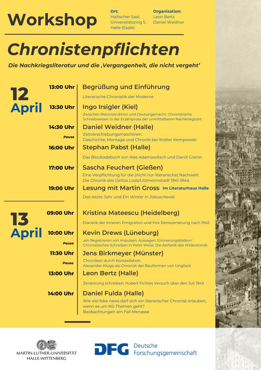 „Eine Verpflichtung für die (nicht nur literarische) Nachwelt: Die Chronik des Gettos Lodz/Litzmannstadt 1941-1944“ – Vortrag von Sascha Feuchert am 12.4., 17 Uhr, im Rahmen des Workshops „Chronistenpflichten: Die Nachkriegsliteratur und die ‚Vergangenheit, die nicht vergeht‘“