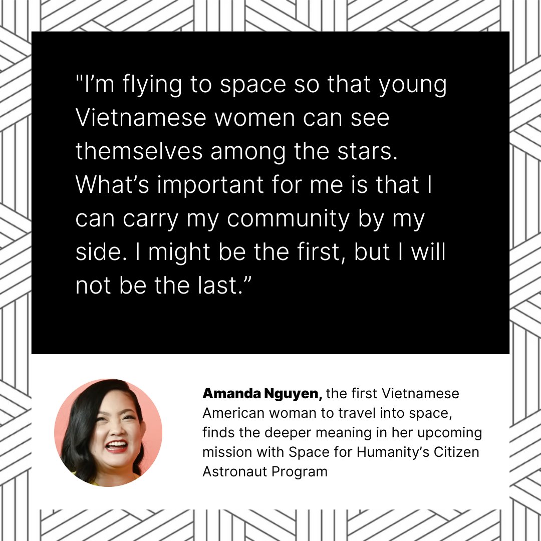 32-year-old activist Amanda Nguyen will be the first Vietnamese American woman to venture into space 🚀. A survivor of sexual assault, Nguyen championed the Sexual Assault Survivors’ Rights Act, signed into law in '16. Read more here via @asamnews asamnews.com/2024/04/06/vie…