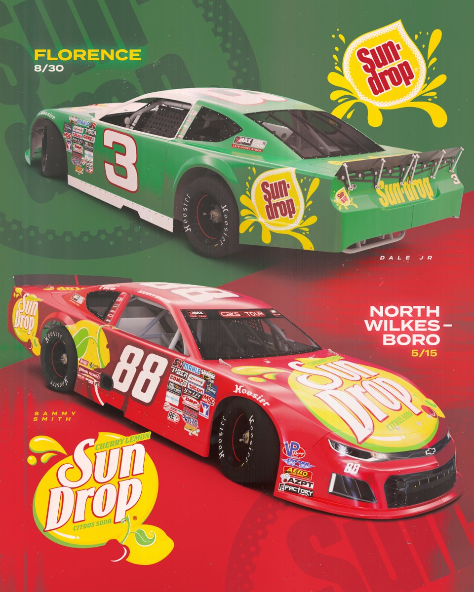 A refreshing partnership continues. @DaleJr will carry the iconic Green No. 3 @SunDrop Camaro for the @CARSTour race at @FlorenceMSpdwy in August, and @sammysmithSS will bring Cherry Lemon Sun Drop to @NWBSpeedway in May piloting the No. 88 Camaro.