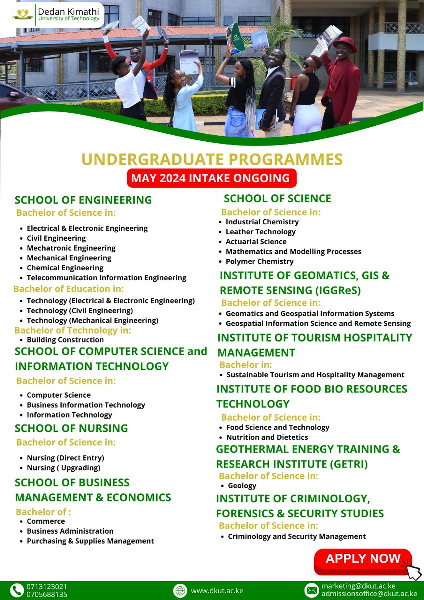 Unlock Your Future at Dedan Kimathi University! Join our vibrant community this May 2024 intake and embark on a journey of knowledge, innovation, and endless opportunities. 

 #InnovativeEducation #FutureOpportunities #UnlockPotential #EmpowerThroughEducation