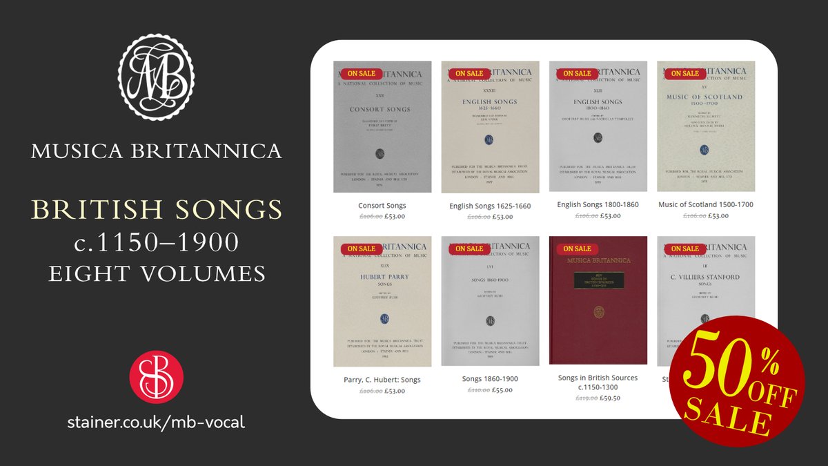 All eight collected Vocal works volumes in Musica Britannica (incl. Consort Songs, Music of Scotland, Parry, Stanford and collections from 12th to 19th century) are HALF PRICE in their Spring sale. #earlymusic #vocalmusic #britishmusic #musicabritannica stainer.co.uk/mb-vocal