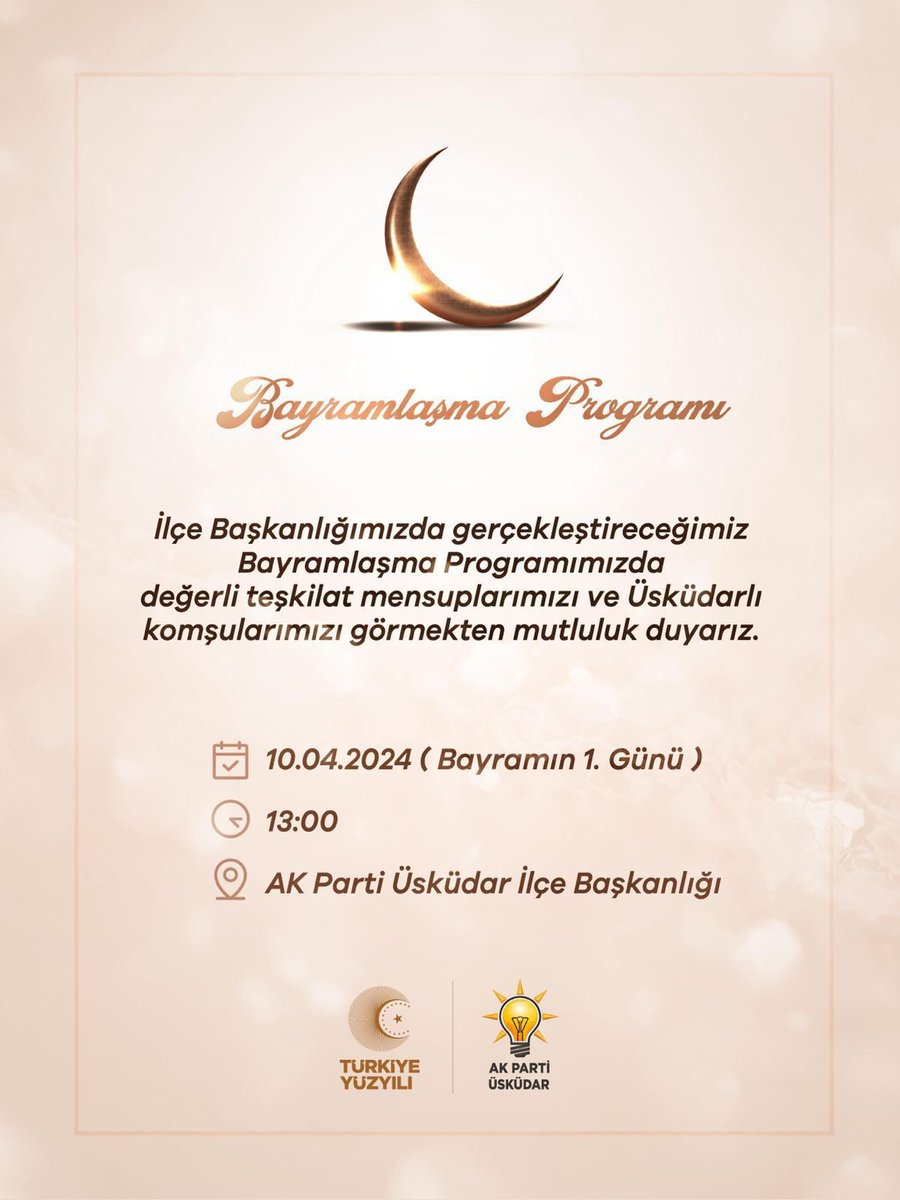 İlçe Başkanlığımızda gerçekleştireceğimiz Bayramlaşma Programımızda, değerli teşkilat mensuplarımızı ve Üsküdarlı komşularımızı görmekten mutluluk duyarız. 1️⃣0️⃣.0️⃣4️⃣.2️⃣0️⃣2️⃣4️⃣ Çarşamba (Bayramın 1. Günü) ⏰ 1️⃣3️⃣:0️⃣0️⃣ 📍AK Parti Üsküdar İlçe Başkanlığı @osmannnurika