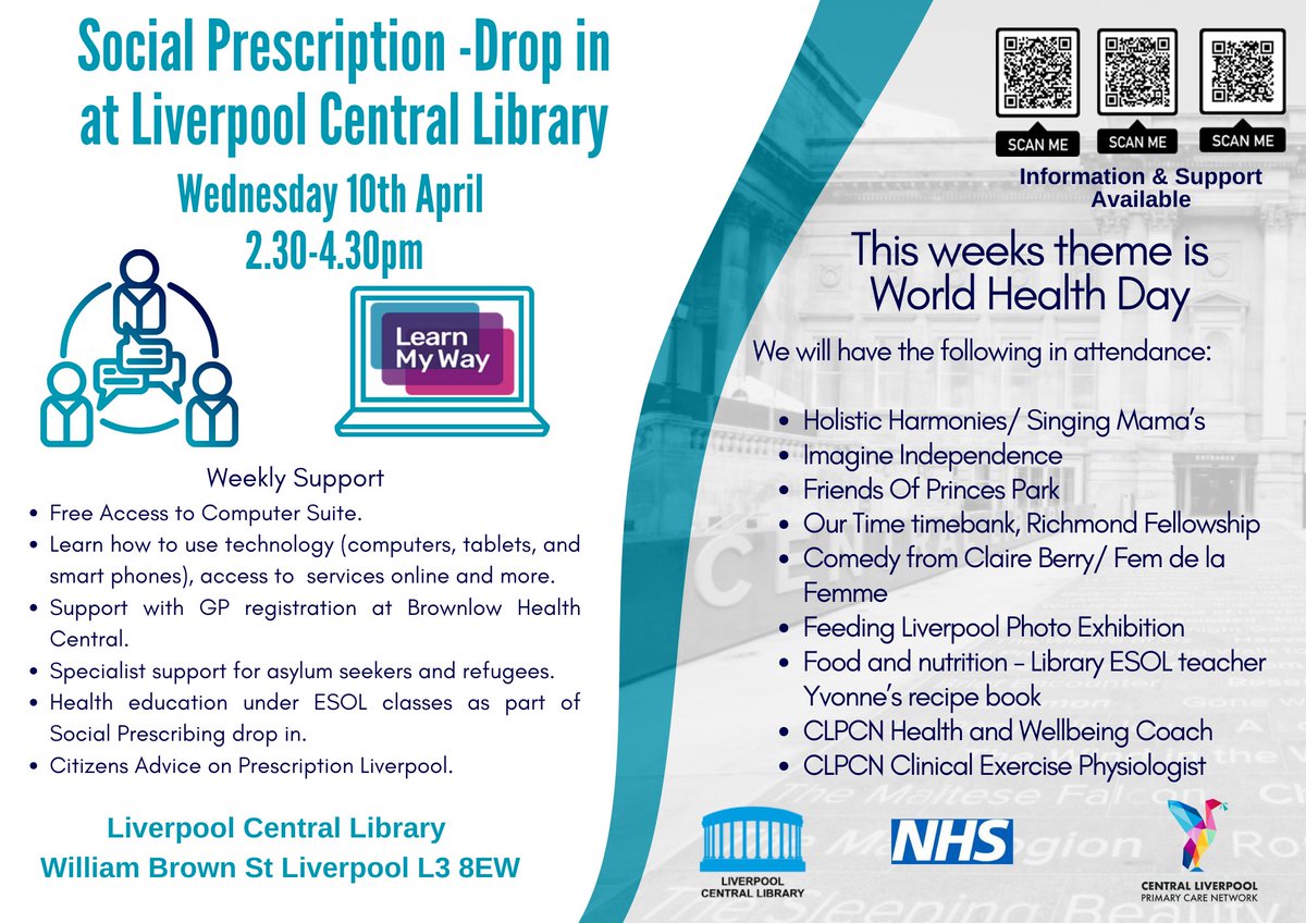 Please see the attached poster for tomorrow's @Lpoolcentlib drop in! This week's theme is World Health Day! See poster for our amazing attendees, look forward to seeing you all there! ✨✨✨