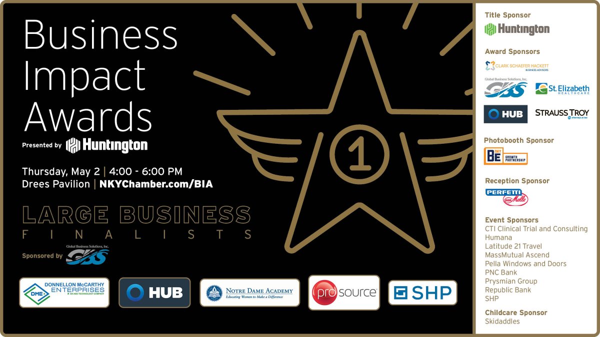 👏 Put your hands together for the five amazing finalists for the Business Impact Awards presented by Huntington Bank – Large Business Award! Join us on May 2 at Drees Pavilion to celebrate all the finalists and find out who wins ➡️ nkychamber.com/BIA