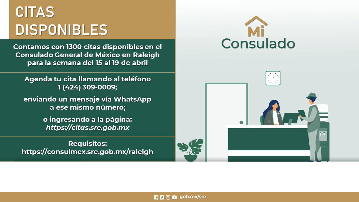 ¡¡¡Atención, paisano!!!🇲🇽 Tenemos citas disponibles en el Consulado General de México en Raleigh. - Del 15 al 19 de abril de 2024. - 431 Raleigh View Rd., Raleigh, NC 27610. Agenda tu cita llamando al (424) 309-0009; o enviando mensaje vía WhatsApp al mismo teléfono.