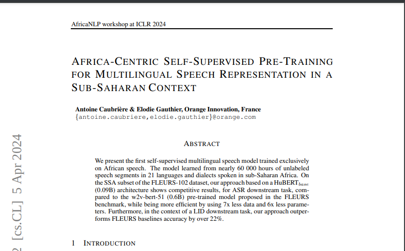 ArmelCPU's tweet photo. The First Self-Supervised Multilingual Speech Model exclusively trained on African speech!
May be the African Whisper ?
https://t.co/uK5UMtQtY9

#Africa #ai #NLP #nlp2024 #NLProc #Asr https://t.co/zAeq1TM6aE