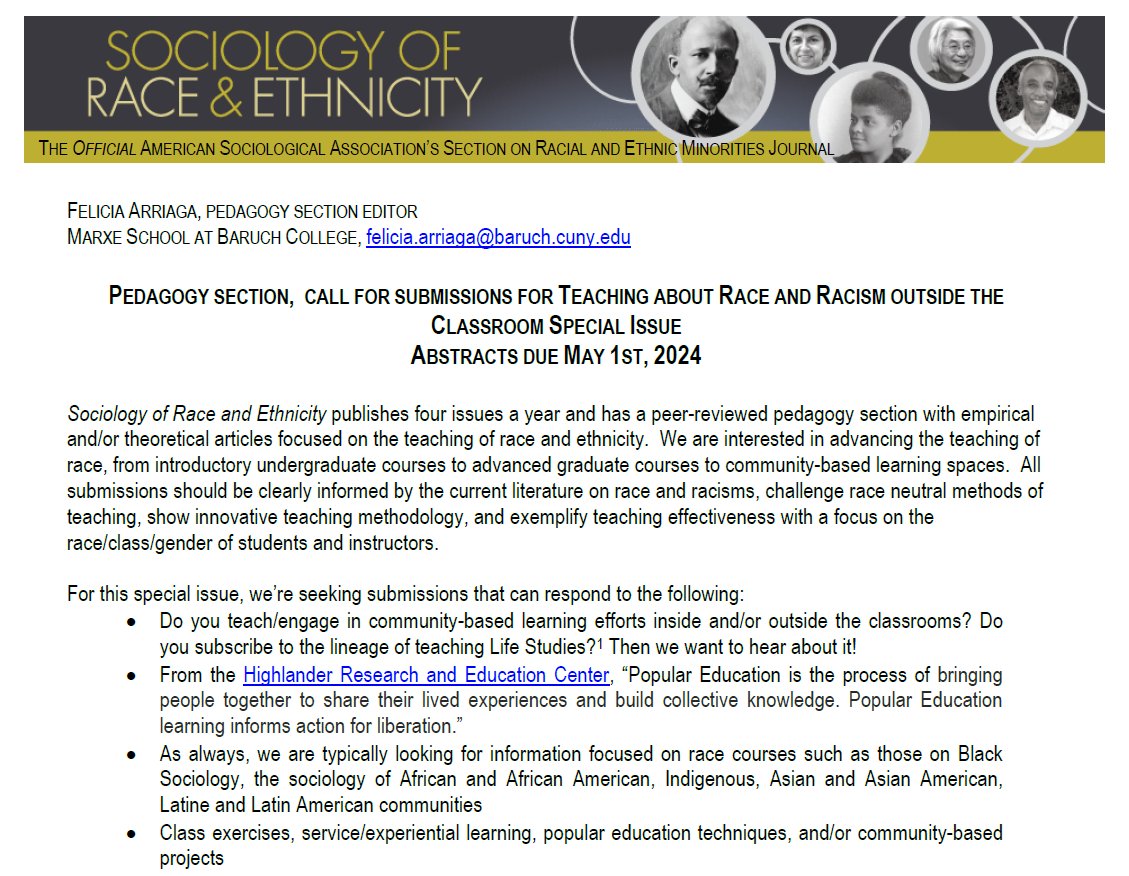 We've got two special issues coming up for our pedagogy section--shorter pieces about teaching. First up, abstracts due May 1st for pieces about Teaching Race and Racism outside the Classroom. Reach out to @FeliciaArriaga for more details.